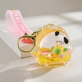 Pochacco liquid sand keychain with yellow capsule base and pink silicone hand strap - Leather Rope Style (Lemon Yellow)