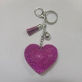 Rose pink heart keychain with rhinestone finish and leather tassel on silver metal ring - Purple (Silver Clasp)