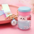 Acrylic quicksand keychain with blue liquid yogurt bottle and white cat floating inside - Rope Style (Fantasy Blue Ball Decor) / Light Blue
