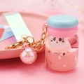 Pink yogurt bottle acrylic liquid keychain with floating cat charms and glitter - Rope Style (Fantasy Pink Ball Decor) / Pink