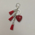 Silver lobster clasp keychain featuring a glossy red heart pendant and faux suede tassels - Keyring Chain + 3 Tassels / Heart Wine Red
