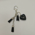 Silver keychain with three black tassels and a polished black heart pendant accessory - Keyring Chain + 3 Tassels / Heart Black