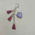 Light purple heart keychain with triple fuchsia suede tassels and silver lobster clasp - Keyring Chain + 3 Tassels / Purple Heart