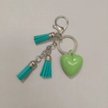 Green resin heart pendant keychain with blue suede tassels and silver lobster clasp - Keyring Chain + 3 Tassels / Fruit Green Heart