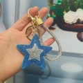 Blue star rhinestone keychain featuring glitter crystal accents and gold lobster clasp - Light Gold Buckle / Blue
