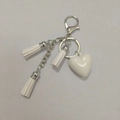 White heart keychain accessory with three micro-suede tassels and silver metal clasp - Keyring Chain + 3 Tassels / Heart White