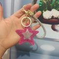 Pink rhinestone star keychain with sparkling woven strap and gold lobster clasp - Light Gold Buckle / Rose Red