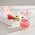 Cute pink tea cup keychain with floating bunny and liquid sand in a creative design - Leather Rope Milk Tea Cup