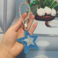 Blue rhinestone star keychain with silver metal ring and faux suede tassels charm - With Phone Patch / Blue