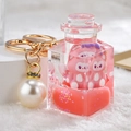 Pink cartoon fox liquid sand bottle keychain with pearl and gold metal ring - Pink Fox Square
