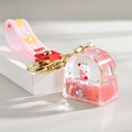Pink liquid glitter keychain with cute white rabbit and gold lobster clasp - Leather Rope Stamp