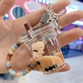Portachiavi boba marrone con orsetto carino in bottiglia di sabbia liquida creativa - Stile Tazza di Tè al Latte (Corda di Perline)
