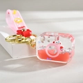 Pink camera-shaped liquid quicksand keychain with cartoon bunny and silicone wrist strap - Leather Rope Camera