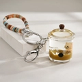 Brown bear milk tea cup keychain with acrylic liquid bottle and colorful beads - Mug Style (Beaded Rope)