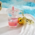 Pink miniature milk tea cup keychain with kitty mascot and liquid quicksand effect - Milk Tea Cup Bunny