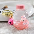 Cute pink acrylic liquid quicksand keychain with milk bottle, cat doll, and small bell - Soda Bottle