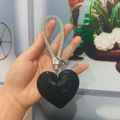 Sparkling black heart keychain with full micro-inlaid rhinestones and silver chain strap - With Phone Patch [Black]