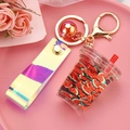 Watermelon tea cup keychain with liquid oil and iridescent glitter strap on pink base - Strap Style Milk Tea Cup [Watermelon Red]