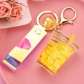 Creative lemon liquid keychain with holographic strap and gold keyring in pink tray - Strap Style Milk Tea Cup [Orange Yellow]