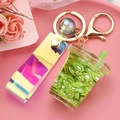 Kiwi fruit drink cup keychain with iridescent strap and golden hardware charm - Strap Style Milk Tea Cup [Kiwi Green]