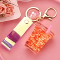 Pink strawberry fruit tea keychain with liquid quicksand and sparkling laser PVC strap - Strap Style Milk Tea Cup [Strawberry Pink]