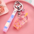 Pink liquid fruit drink keychain with rainbow wrist strap and cute bell charm - Strap Bell Style [Pink]