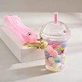 Detail of creative bubble tea cup keychain with pink liquid and heart beads - Heart Color Series