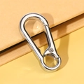 Close-up of a high-polish D-shaped metal carabiner keychain with a spring-gate closure - Silver Clasp