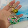 Shell-shaped acrylic liquid keychain with floating colorful beads and gold bell - Candy Bead Bell Style (Green)