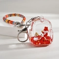 Mini backpack acrylic keychain with red rabbit and gold stars in liquid quicksand - Braided Rope Red