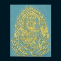 Detailed view of Acala Buddhist deity golden metal sticker with intricate cutout design - Acala - Rooster Zodiac