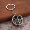Rainbow plated car rim keychain with five-spoke alloy wheel design and link chain - Iridescent