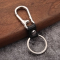 Detail of silver spring carabiner and black leather strap for metal car keychain - Leather Strap Style (Black)