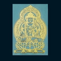 Adesivo metallico dorato Buddha traforato con santo patrono su sfondo blu - Akasagarbha - Zodiaco Bue e Tigre