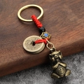 Traditional brass Five Emperor coins keychain with fortune pig pendant and red knot cord - Five Emperors Coins + Fortune Pig