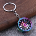 Rainbow plated car wheel rim keychain with realistic brake disc and red caliper detail - Iridescent