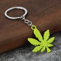 Macro detail of a bright green maple leaf keychain on a rustic wooden and stone background - Green