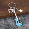 Detailed view of silver guitar keychain with blue enamel inlay and heart-shaped clasp - Small Solid / Blue