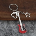 Detail of red electric guitar keychain with heart-shaped carabiner and star charm - Small Hollow / Red