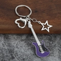 Detailed view of guitar keychain with purple enamel finish and star heart charms - Small Hollow / Purple