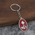 Religious metal keychain with red enamel chalice and bread relief on dark wood background - White K / Red Background