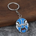 Detailansicht eines Peking-Oper-Masken-Schlüsselanhängers mit blauem Emaille und Zinklegierung - Blau