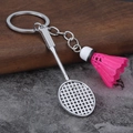 Detailed close-up of a silver badminton racket keychain with a bright pink shuttlecock - Rose Red