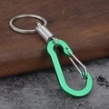 Detalle de llavero de mosquetón verde con anillo de acero sobre fondo de madera oscura - Estilo Cuadrado Verde