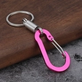Detail of pink carabiner with spring coil and stainless steel keyring on wooden surface - Rose Red Square Style