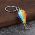 Colorful enamel hot air balloon metal keychain with silver basket and polished ring - Multicolor Patchwork Style (003)
