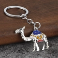 Détail d'un porte-clés chameau argenté avec émail coloré sur fond en bois sombre - Argent & Bleu