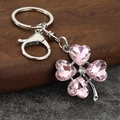 Sparkling pink crystal four-leaf clover keychain with rhinestone and silver lobster clasp - Silver Plated Pink