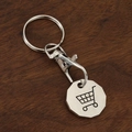 Polished silver zinc alloy keychain with octagonal shopping cart token on wood background - Antique Silver Black Wash Polygon
