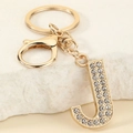 Detail of letter J keychain in gold finish with sparkling white rhinestones and clasp - Letter J